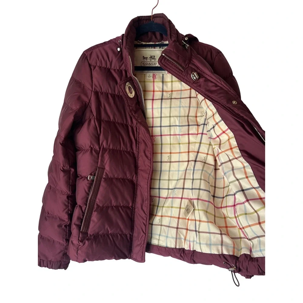 Coach Womens Burgundy Quilted Puffer Jacket Plaid Lining XS